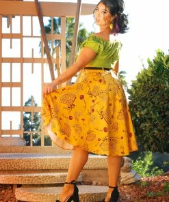 LBHM Shop All In-Stock Items By Size Final Sale - Doris Vintage Swing Skirt In Mustard Spanish Fans | Laura Byrnes & Hope Johnstun