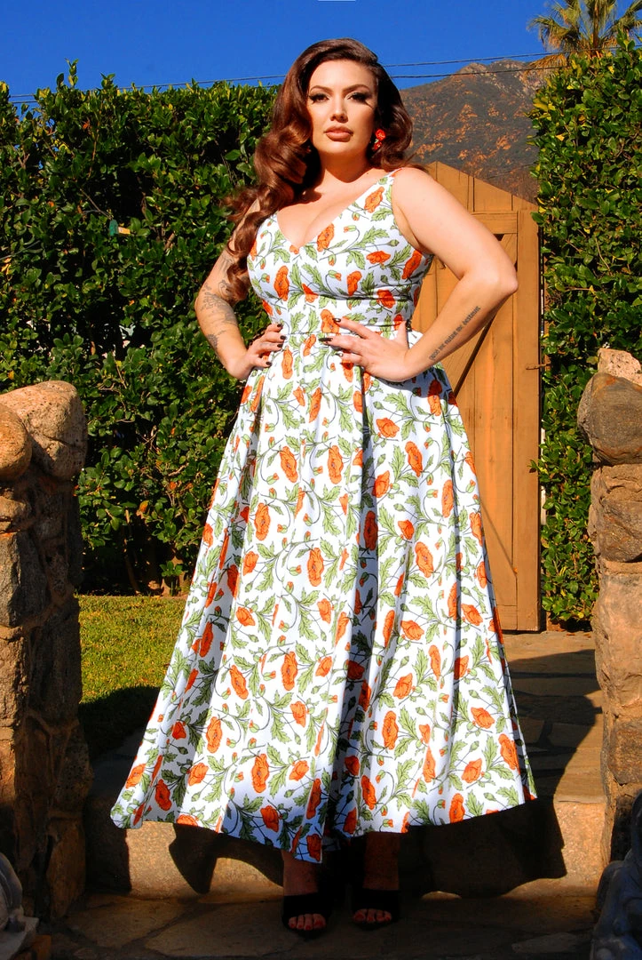 LBHM Tara Maxi Day Dress In California Poppies Crepe | Laura Byrnes & Hope Johnstun What's New, Pussycat? 3 LBHM Tara Maxi Day Dress In California Poppies Crepe | Laura Byrnes & Hope Johnstun What's New, Pussycat?