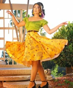 LBHM Final Sale - Doris Vintage Swing Skirt In Mustard Spanish Fans | Laura Byrnes & Hope Johnstun