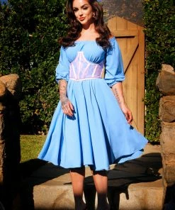 Final Sale - Marie-Thérèse Peasant Dress In Chambray Poly Crepe | Pinup Couture Shop All In-Stock Items By Size