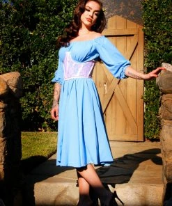 Final Sale - Marie-Thérèse Peasant Dress In Chambray Poly Crepe | Pinup Couture Shop All In-Stock Items By Size