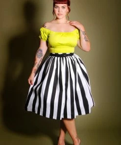 What's New, Pussycat? Bella Vintage Gathered Swing Skirt In Black And White Mark Stripe Cotton Sateen | Pinup Couture