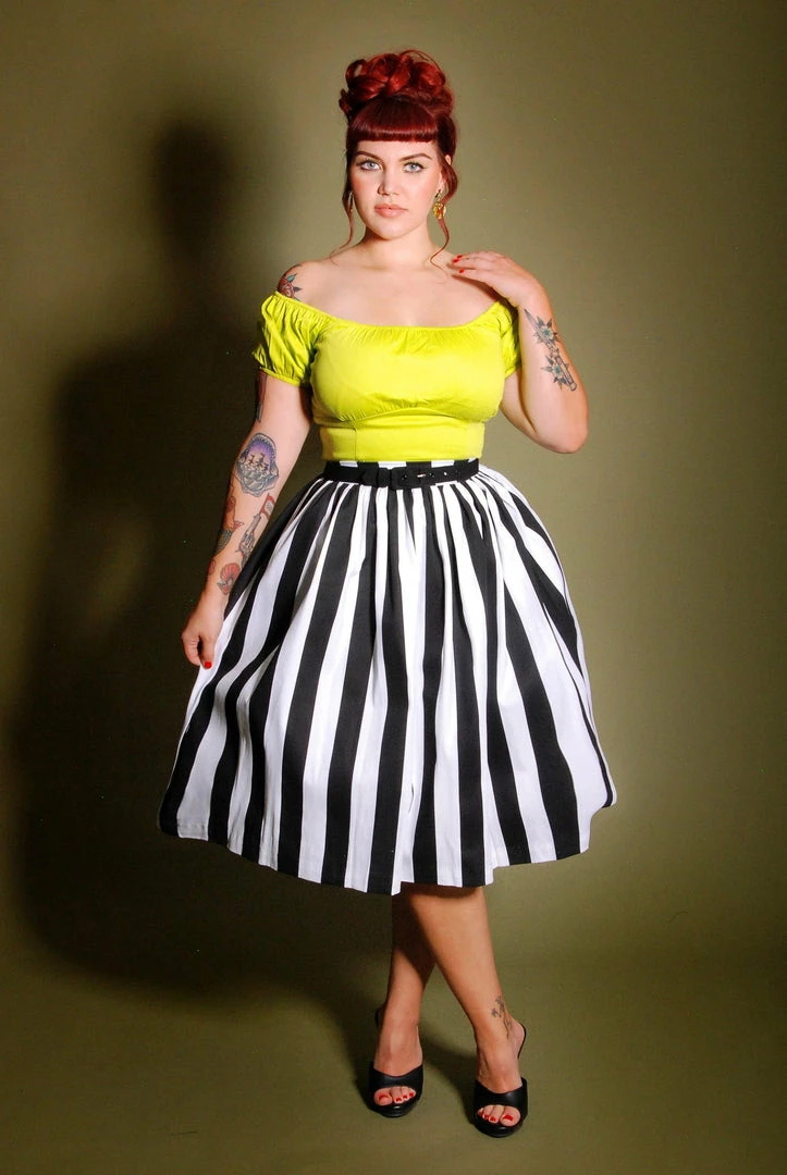 What's New, Pussycat? Bella Vintage Gathered Swing Skirt In Black And White Mark Stripe Cotton Sateen | Pinup Couture 3 What's New, Pussycat? Bella Vintage Gathered Swing Skirt In Black And White Mark Stripe Cotton Sateen | Pinup Couture