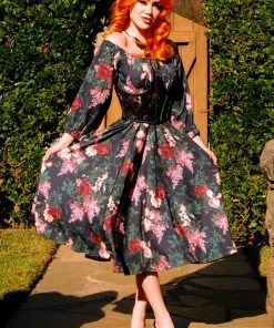 Shop All In-Stock Items By Size Final Sale - Marie-Thérèse Peasant Dress In Dark Bella Roses Crepe | Pinup Couture