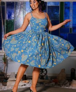 LBHM Final Sale - Jenny Vintage Day Dress In Teal Spanish Fans Crepe | Laura Byrnes & Hope Morrison Shop All In-Stock Items By Size