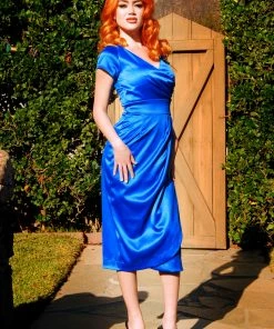 What's New, Pussycat? Ava Faux Wrap Wiggle Dress In Royal Blue Satin | Pinup Couture