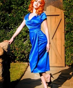 What's New, Pussycat? Ava Faux Wrap Wiggle Dress In Royal Blue Satin | Pinup Couture