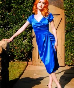 What's New, Pussycat? Ava Faux Wrap Wiggle Dress In Royal Blue Satin | Pinup Couture