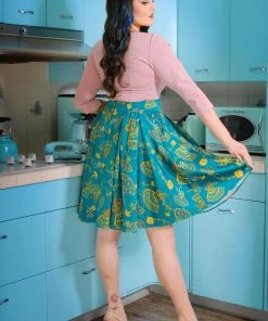 LBHM Final Sale - Little Jun Pleated Skirt In Teal Spanish Fans Print | Laura Byrnes & Hope Johnstun Shop All In-Stock Items By Size