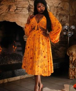 LBHM Donna Vintage Circle Skirt In Mustard Spanish Fans Crepe | Laura Byrnes & Hope Morrison Shop All In-Stock Items By Size