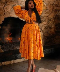 LBHM Donna Vintage Circle Skirt In Mustard Spanish Fans Crepe | Laura Byrnes & Hope Morrison Shop All In-Stock Items By Size