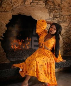 LBHM Donna Vintage Circle Skirt In Mustard Spanish Fans Crepe | Laura Byrnes & Hope Morrison Shop All In-Stock Items By Size