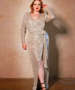 Final Sale - Dynasty 70s Sequined Wrap Gown In Champagne Gold | Rubber Ducky Shop All In-Stock Items By Size