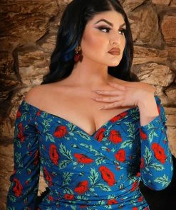 LBHM Monica Wiggle Dress In Red & Blue Poppies Print | Laura Byrnes & Hope Morrison