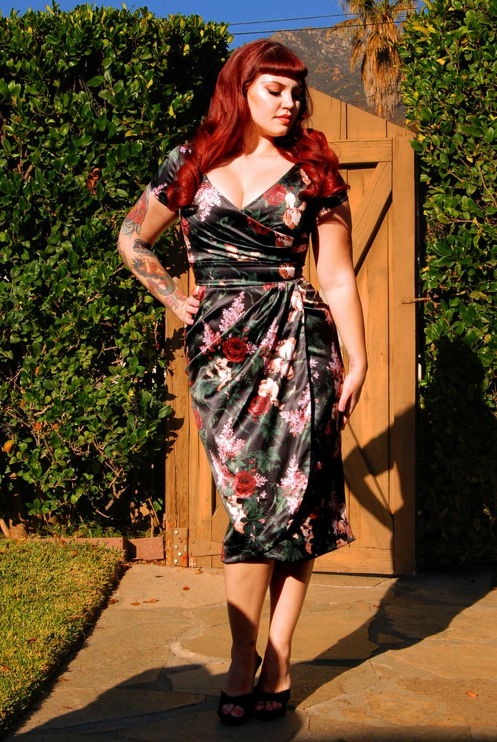 Final Sale - Ava Faux Wrap Wiggle Dress In Dark Bella Roses Satin | Pinup Couture 4 Final Sale - Ava Faux Wrap Wiggle Dress In Dark Bella Roses Satin | Pinup Couture