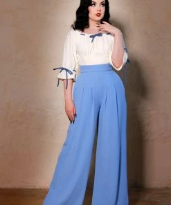 Dietrich Vintage Wide Leg Palazzo Pants In Light Blue Crepe 30" Inseam | Laura Byrnes Design