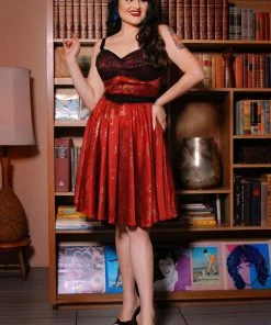 Shop All In-Stock Items By Size Final Sale - Courtney Vintage Swing Dress In Burgundy & Gold Witchy Toile Satin | Pinup Couture