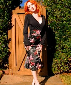 What's New, Pussycat? Yvonne Skirt In Dark Bella Roses Satin | Laura Byrnes Design