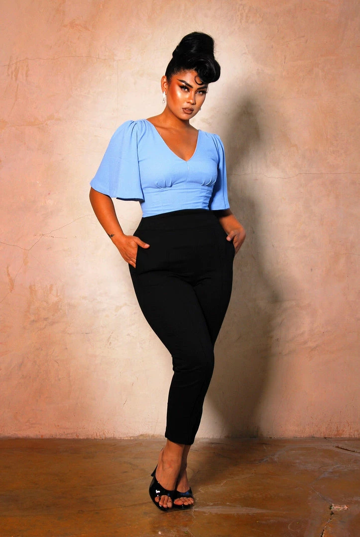 Viva Top Vintage 40's Inspired Flutter Sleeve Blouse In Light Blue | Laura Byrnes Design 3 Viva Top Vintage 40's Inspired Flutter Sleeve Blouse In Light Blue | Laura Byrnes Design