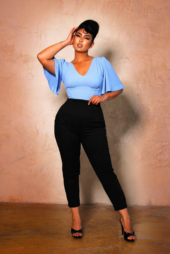 Viva Top Vintage 40's Inspired Flutter Sleeve Blouse In Light Blue | Laura Byrnes Design 6 Viva Top Vintage 40's Inspired Flutter Sleeve Blouse In Light Blue | Laura Byrnes Design