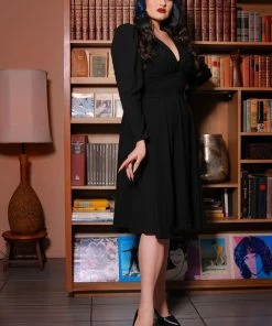 Laura Byrnes Design Shop All In-Stock Items By Size Final Sale - Luna 40s Swing Dress In Black Crepe | Laura Byrnes