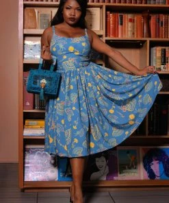 LBHM Final Sale - Jenny Vintage Day Dress In Teal Spanish Fans Crepe | Laura Byrnes & Hope Morrison