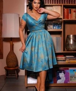 Laura Byrnes Design Final Sale - Ava Vintage Style Swing Cocktail Dress In Teal & Gold Spiderweb Satin | Laura Byrnes Shop All In-Stock Items By Size