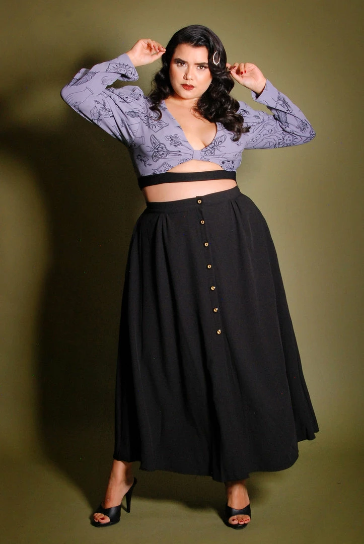 LB Selene Button Front Midi Skirt In Black Stretch Crepe | Laura Byrnes What's New, Pussycat? 6 LB Selene Button Front Midi Skirt In Black Stretch Crepe | Laura Byrnes What's New, Pussycat?