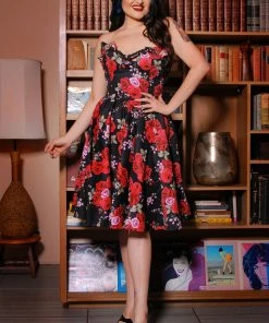 Final Sale - Bela Strapless Bustier Swing Dress In Red Roses Sateen | Pinup Couture
