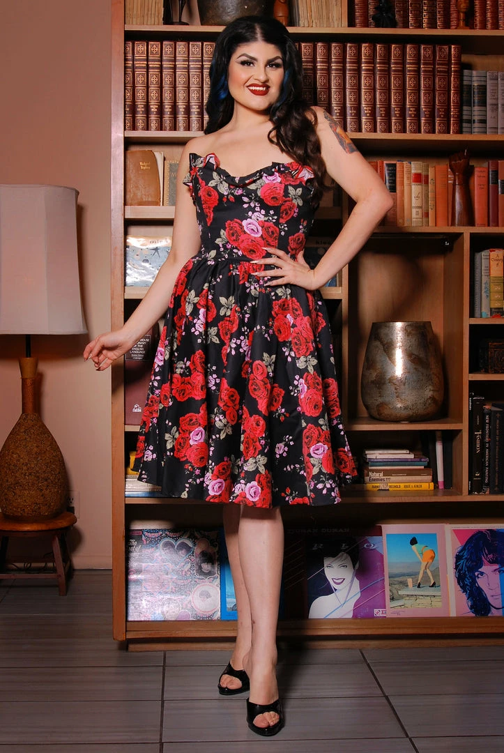 Final Sale - Bela Strapless Bustier Swing Dress In Red Roses Sateen | Pinup Couture 7 Final Sale - Bela Strapless Bustier Swing Dress In Red Roses Sateen | Pinup Couture