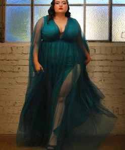 Rubber Ducky Gothic Glamour - Bombshell Plunge Maxi Gown In Peacock Green With Sheer Mesh Sleeves What's New, Pussycat?