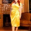 OYS - S, M, L, 2x Ava Faux Wrap Wiggle Dress In Golden Mustard Satin | Pinup Couture - L50