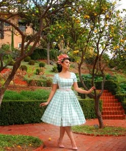 LBHM Shop All In-Stock Items By Size Final Sale - The Gena Vintage Day Dress In Sage Green Gingham Cotton Sateen | Laura Byrnes & Hope Morrison