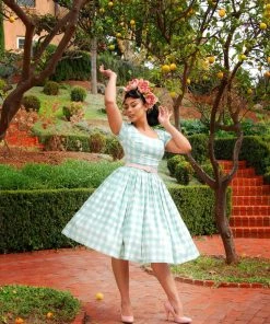 LBHM Shop All In-Stock Items By Size Final Sale - The Gena Vintage Day Dress In Sage Green Gingham Cotton Sateen | Laura Byrnes & Hope Morrison