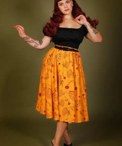 LBHM Donna Vintage Circle Skirt In Mustard Spanish Fans Crepe | Laura Byrnes & Hope Morrison Shop All In-Stock Items By Size