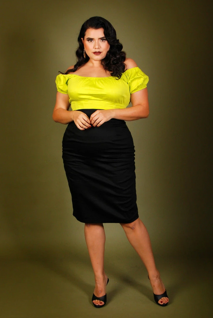 Shop All In-Stock Items By Size Vintage Short Sleeve Peasant Top In Chartreuse Cotton Sateen | Pinup Couture 9 Shop All In-Stock Items By Size Vintage Short Sleeve Peasant Top In Chartreuse Cotton Sateen | Pinup Couture