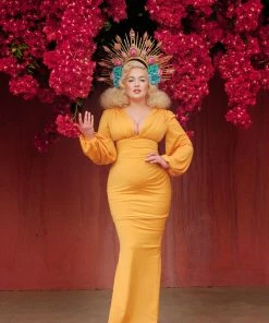 Pinup Girl Clothing What's New, Pussycat? Gia Art Deco Gown In Mustard With Bishop Sleeves | Laura Byrnes