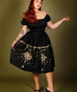 LBHM Shop All In-Stock Items By Size Final Sale - Bella Gathered Swing Skirt In Black & Gold Deco Spiderweb Border Print | Laura Byrnes & Hope Morrison