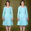 Final Sale - Madison Long Sleeve Dress In Blue Ponte With Ivory Contrast Collar | Pinup Couture