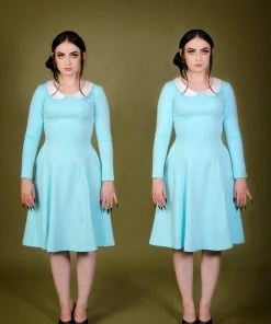 Shop All In-Stock Items By Size Final Sale - Madison Long Sleeve Dress In Blue Ponte With Ivory Contrast Collar | Pinup Couture