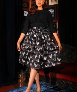 LBHM Final Sale - Bella Swing Skirt In Grey Victorian Bats Print Cotton Sateen | Laura Byrnes & Hope Morrison