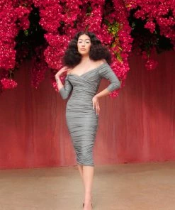 Laura Byrnes Design Shop All In-Stock Items By Size Laura Byrnes California Monica Wiggle Dress In Black And Silver Lurex Knit