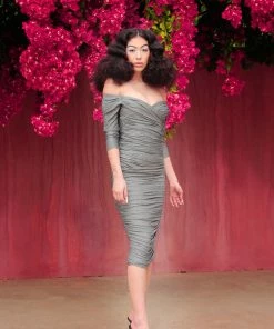 Laura Byrnes Design Shop All In-Stock Items By Size Laura Byrnes California Monica Wiggle Dress In Black And Silver Lurex Knit