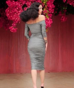 Laura Byrnes Design Shop All In-Stock Items By Size Laura Byrnes California Monica Wiggle Dress In Black And Silver Lurex Knit