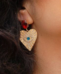 Ole - FashionGo What's New, Pussycat? Evil Eye Ruby & Azure Rhinestone Crystal Pave Heart Earrings
