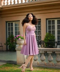 Final Sale - Courtney Vintage Swing Dress In Orchid Stretch Satin | Pinup Couture Shop All In-Stock Items By Size