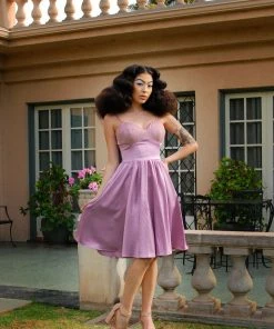 Final Sale - Courtney Vintage Swing Dress In Orchid Stretch Satin | Pinup Couture Shop All In-Stock Items By Size