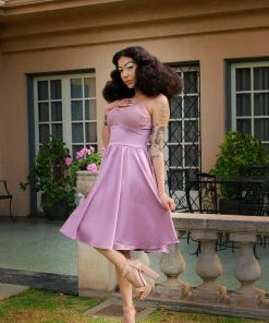 Final Sale - Courtney Vintage Swing Dress In Orchid Stretch Satin | Pinup Couture
