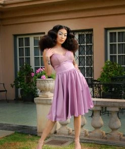 Final Sale - Courtney Vintage Swing Dress In Orchid Stretch Satin | Pinup Couture