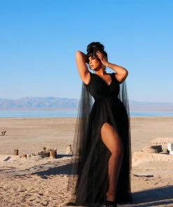 Rubber Ducky Coming Soon - Gothic Glamour Bombshell Gown In Black With Floor Length Sheer Cape Sleeves What's New, Pussycat?